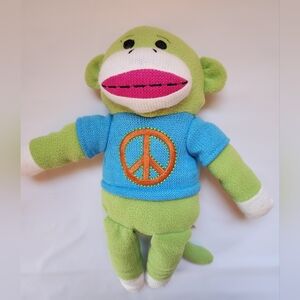 Dan Dee Green Fleece Plush Sock Monkey 14" Toy Stuffed Animal Peace Sign Shirt